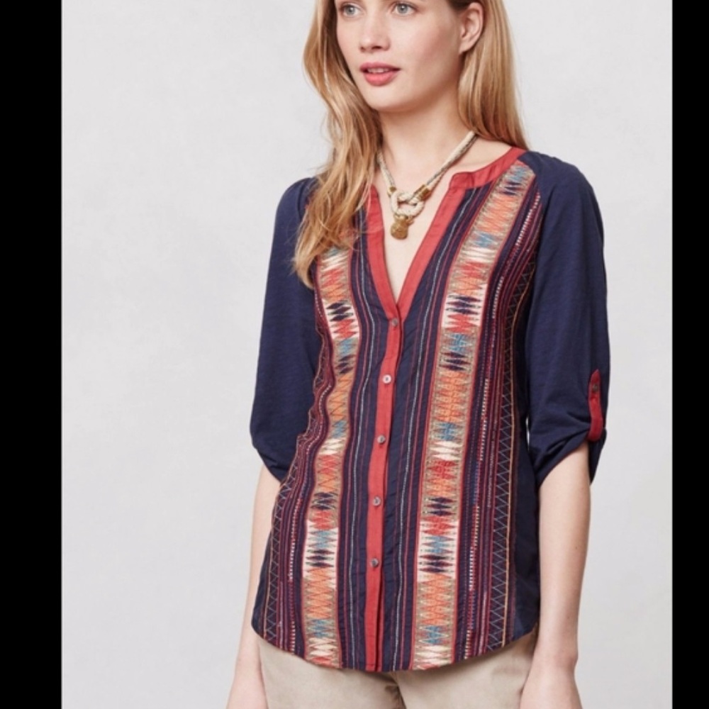 Anthropologie TINY Embroidered Navy Blue Top